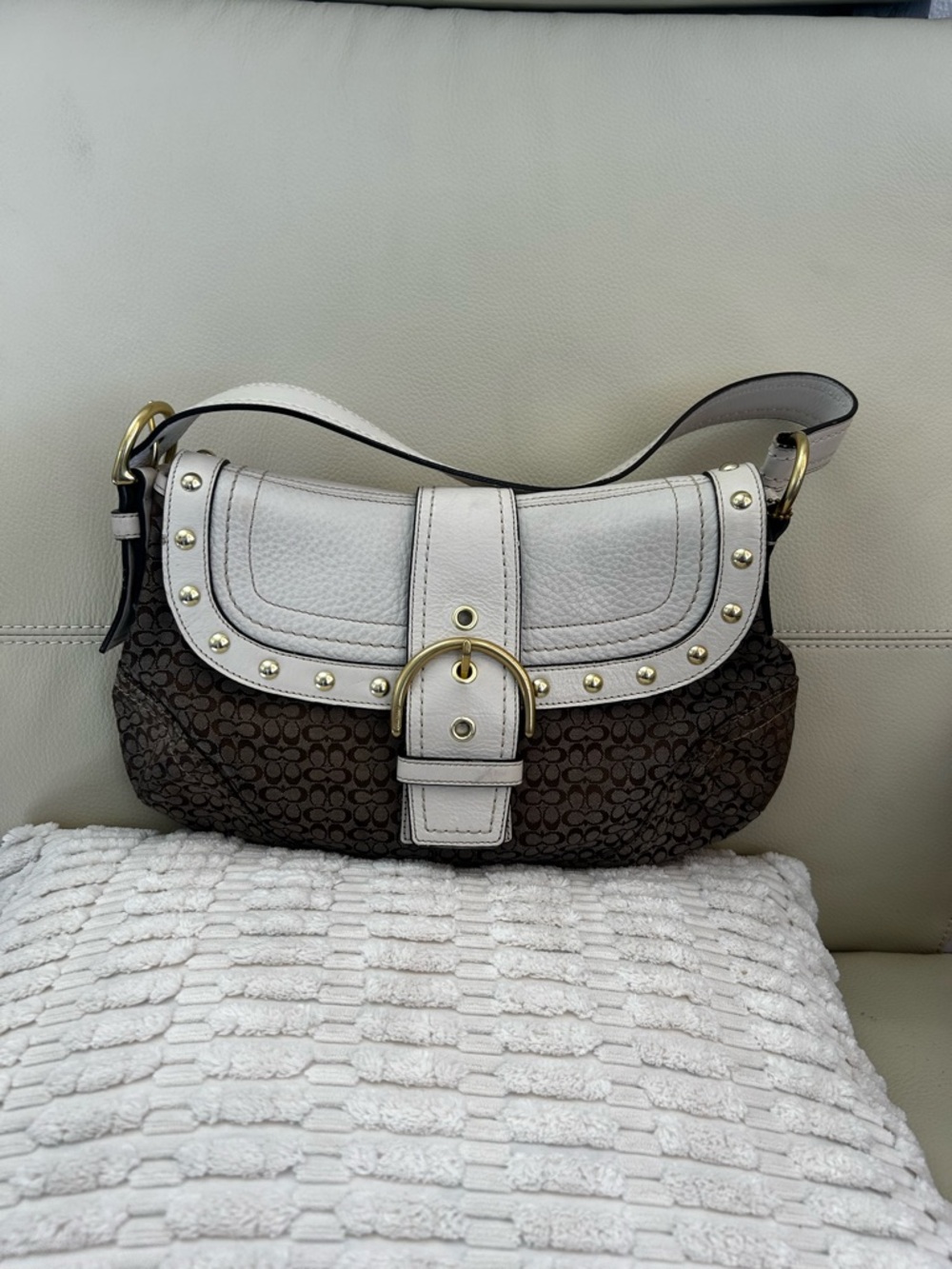 Vintage Coach Brown Signature Jacquard Shoulder Bag with White Leather Trim